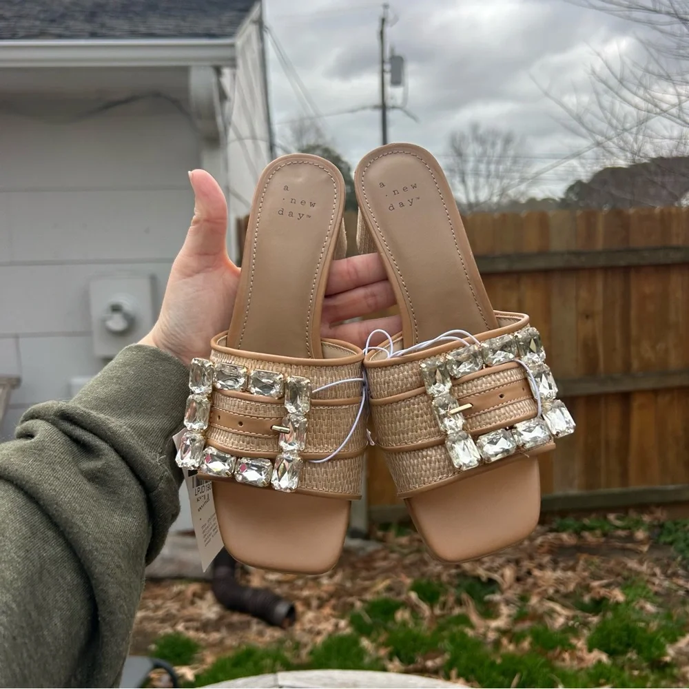 Size 6 Women's Kathleen Raffia Buckle Block‎ Heels - A New Day summer spring